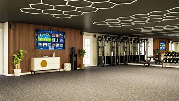 Apartments In Sandy Springs, GA for Rent – Celebration at Sandy Springs - the lobby of a fitness center with weights and other exercise equipment
